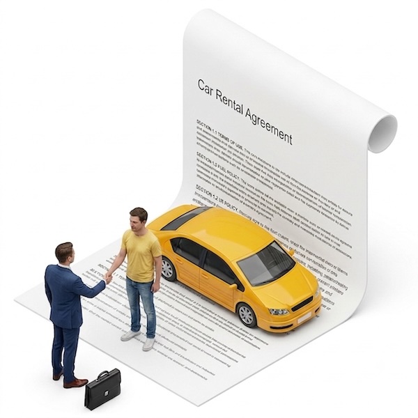 Car rental agreement with vehicle condition check using digital inspection app on iPad