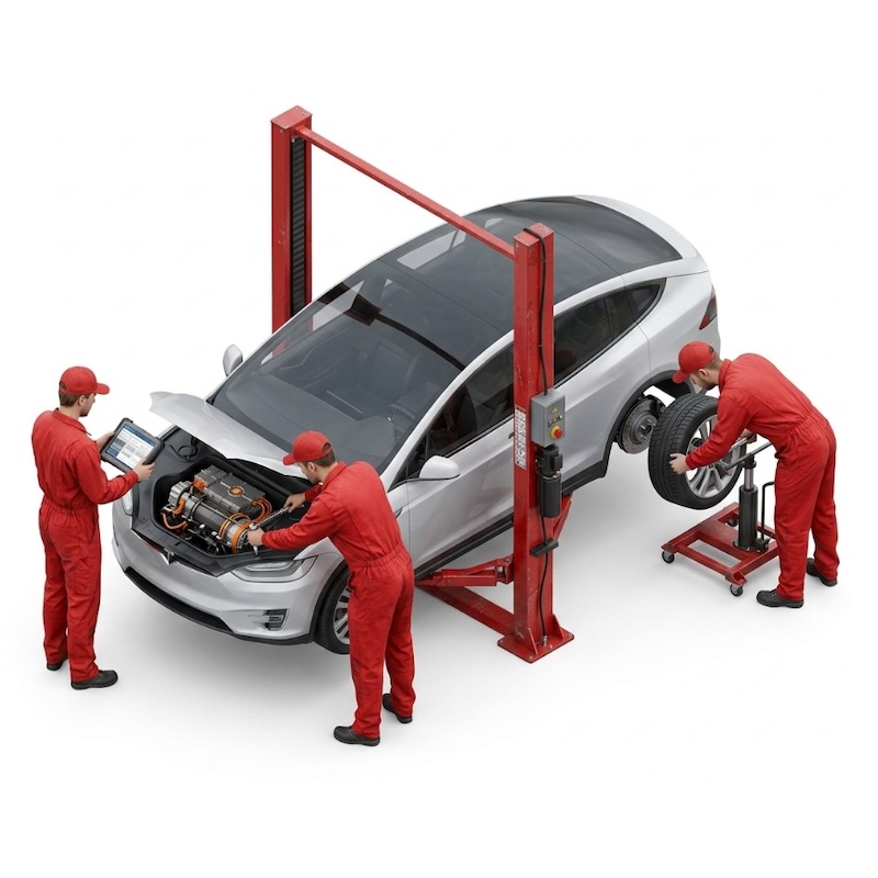 Mechanics inspecting a vehicle in a garage using a digital inspection app on iPad